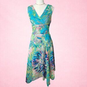 Vintage Abstract Blue & Green Flowing Midi Dress